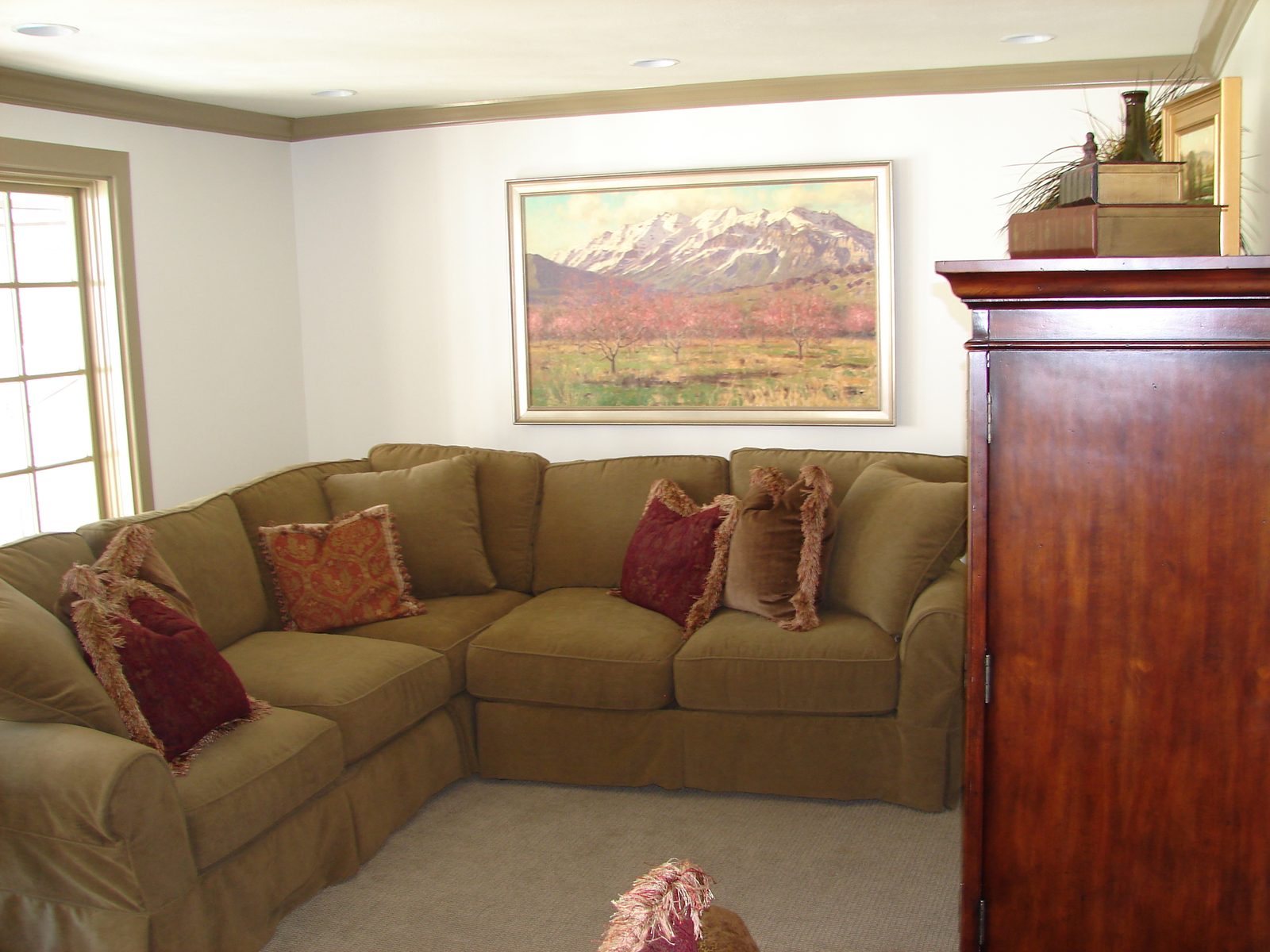 Renovated family room with new windows and finishes